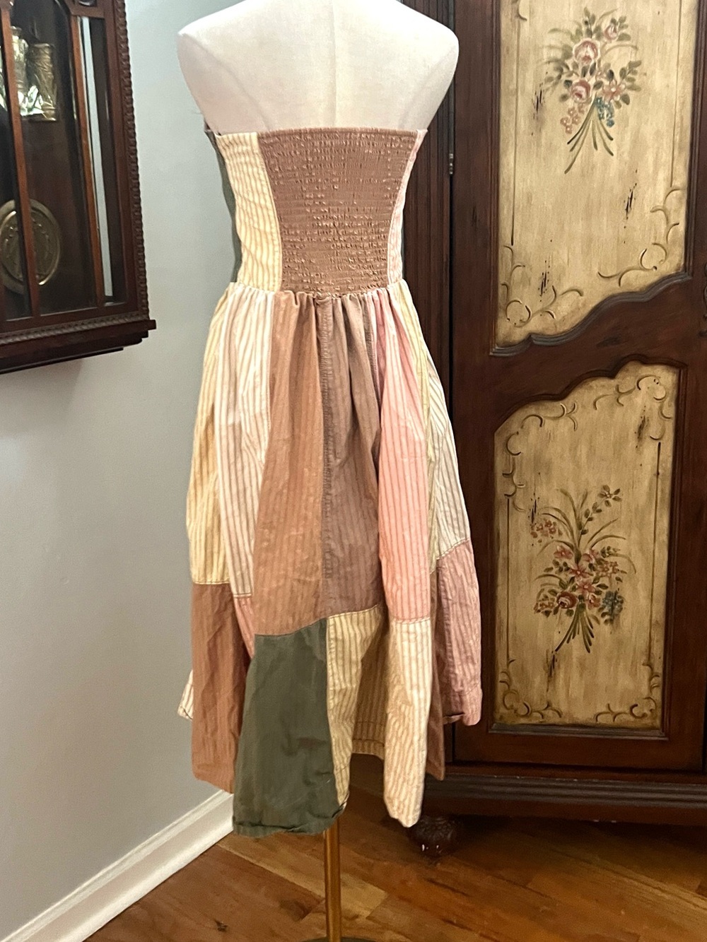 Maeve Strapless Patchwork Midi Dress in Pink, Beige & Olive - Picture 9 of 14